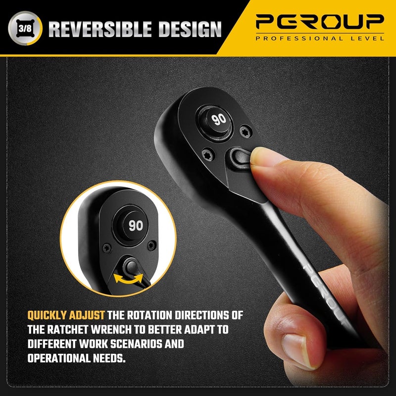 pgroup 3/8-Inch Drive Ratchet Wrench, 90 Tooth Reversible Ratchet, 4-Degree Swing, Ergonomic Handle, Chrome Alloy Made, Quick Release Ratchet Wrench for Repairing, Home, DIY - Image 5